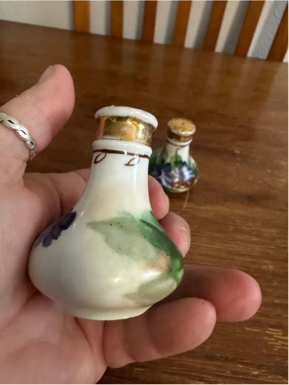 Vintage Bavaria Hand Painted Porcelain Salt & Pepper Shakers Purple Floral Gold